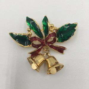 CHRISTMAS BROOCH PIN, Green Holly, Red Bow, Gold Tone Bells, Shiny Finish